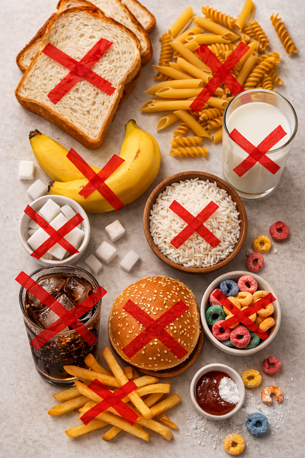 High-carb foods to avoid on keto diet including bread, pasta, rice, milk, bananas and sugary drinks marked with red X.